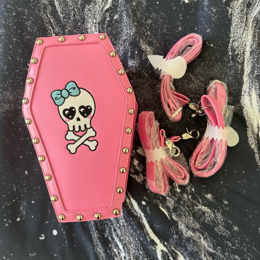 Dolls Kill Cute But Deadly Sugar Thrillz Pink Skull Coffin Backpack Bag Purse